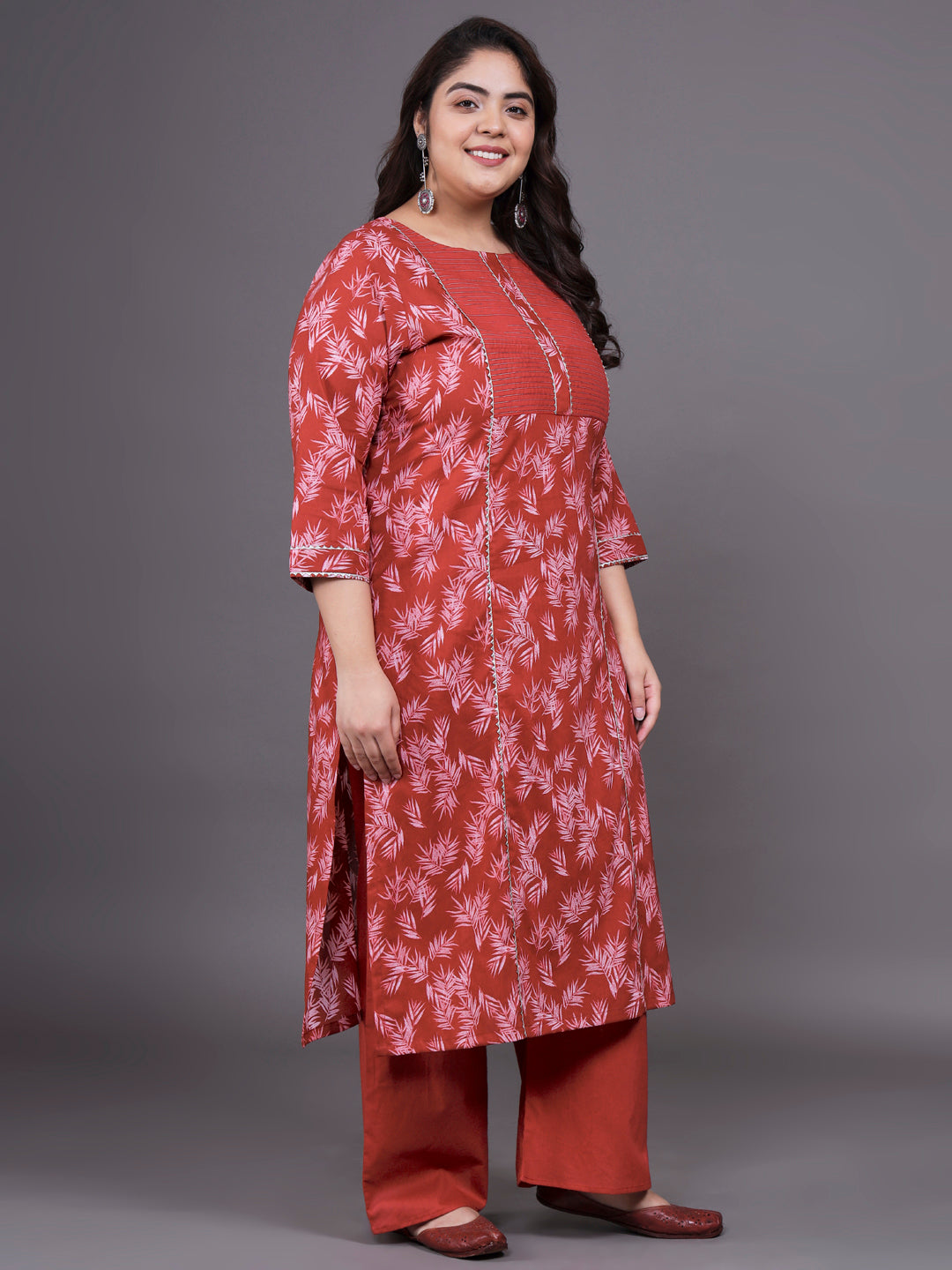 Women Plus Size Maroon Pritned Pure Cotton Kurta & Palazzo with Dupatta