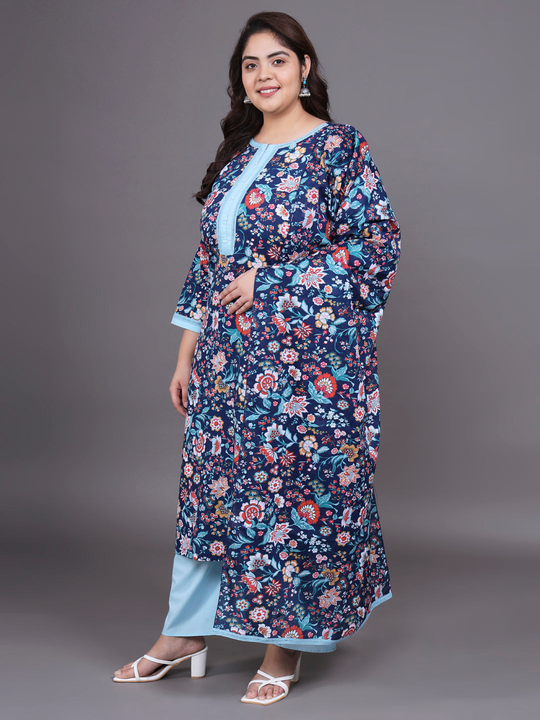 Women Plus Size Multicolor Pritned Pure Cotton Kurta & Palazzo with Dupatta