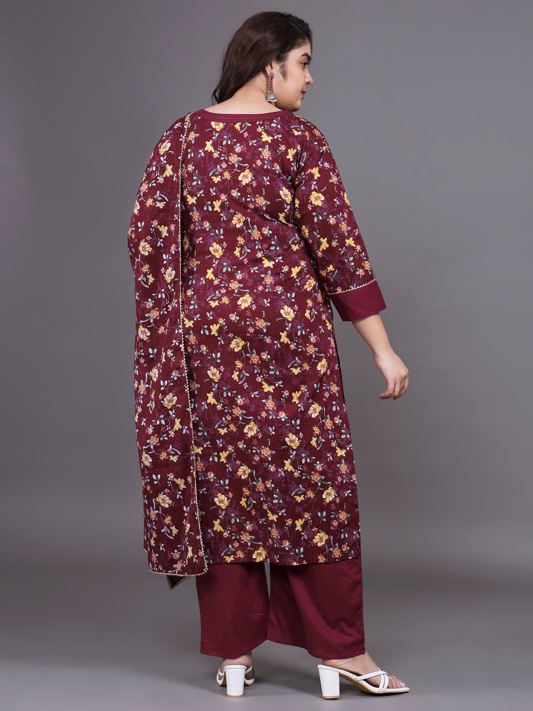 Women Plus Size Maroon Floral Pritned Pure Cotton Kurta & Palazzo with Dupatta
