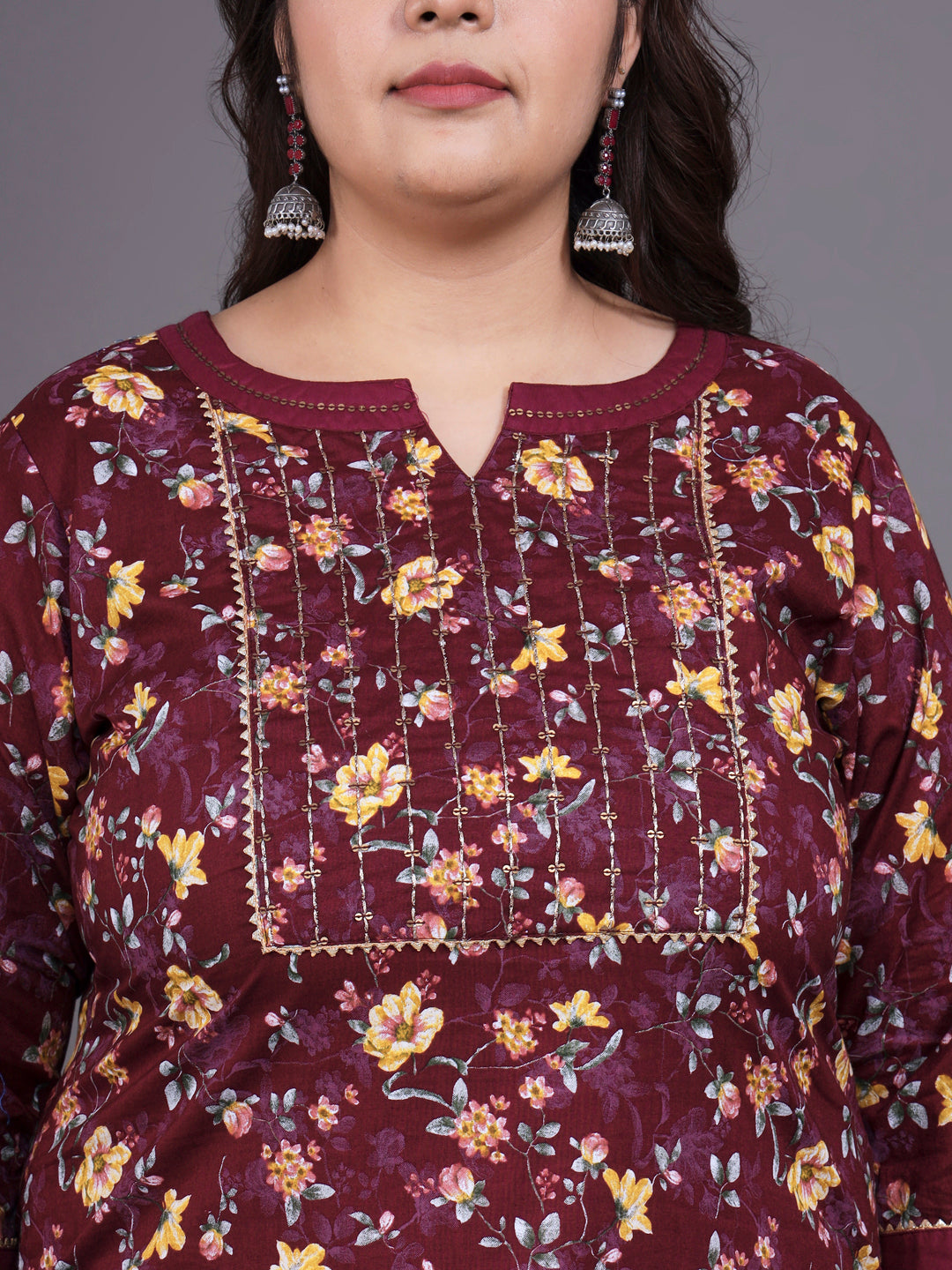 Women Plus Size Maroon Floral Pritned Pure Cotton Kurta & Palazzo with Dupatta