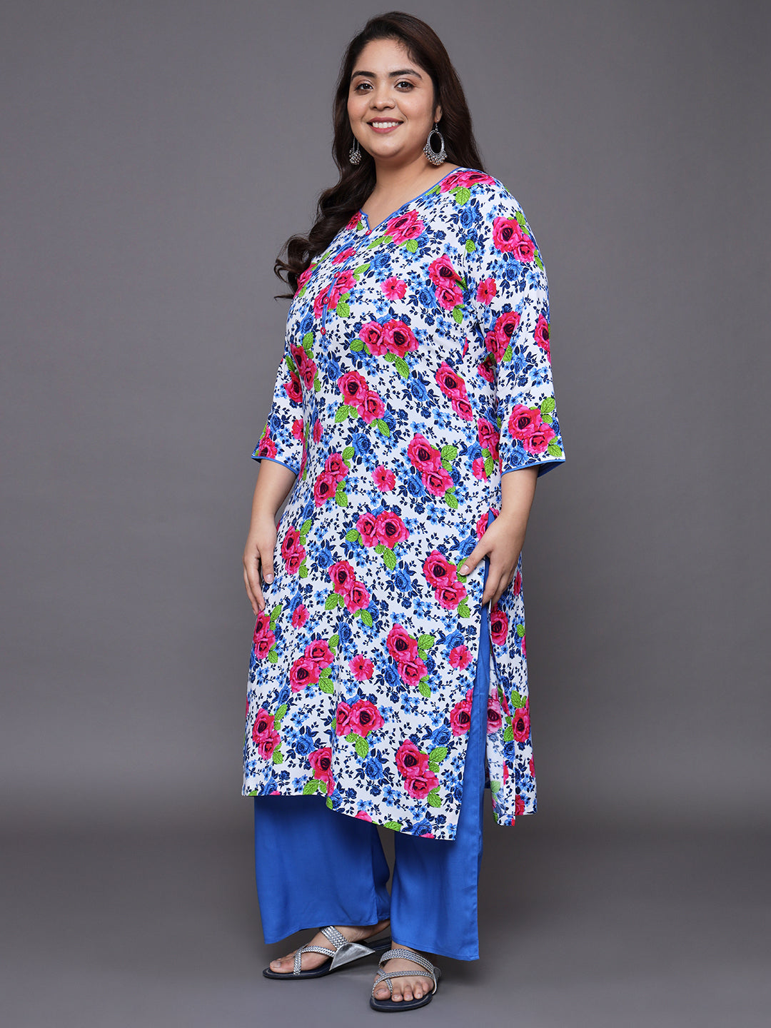 Women Plus Size Multicolor Floral Pritned Kurta & Palazzo