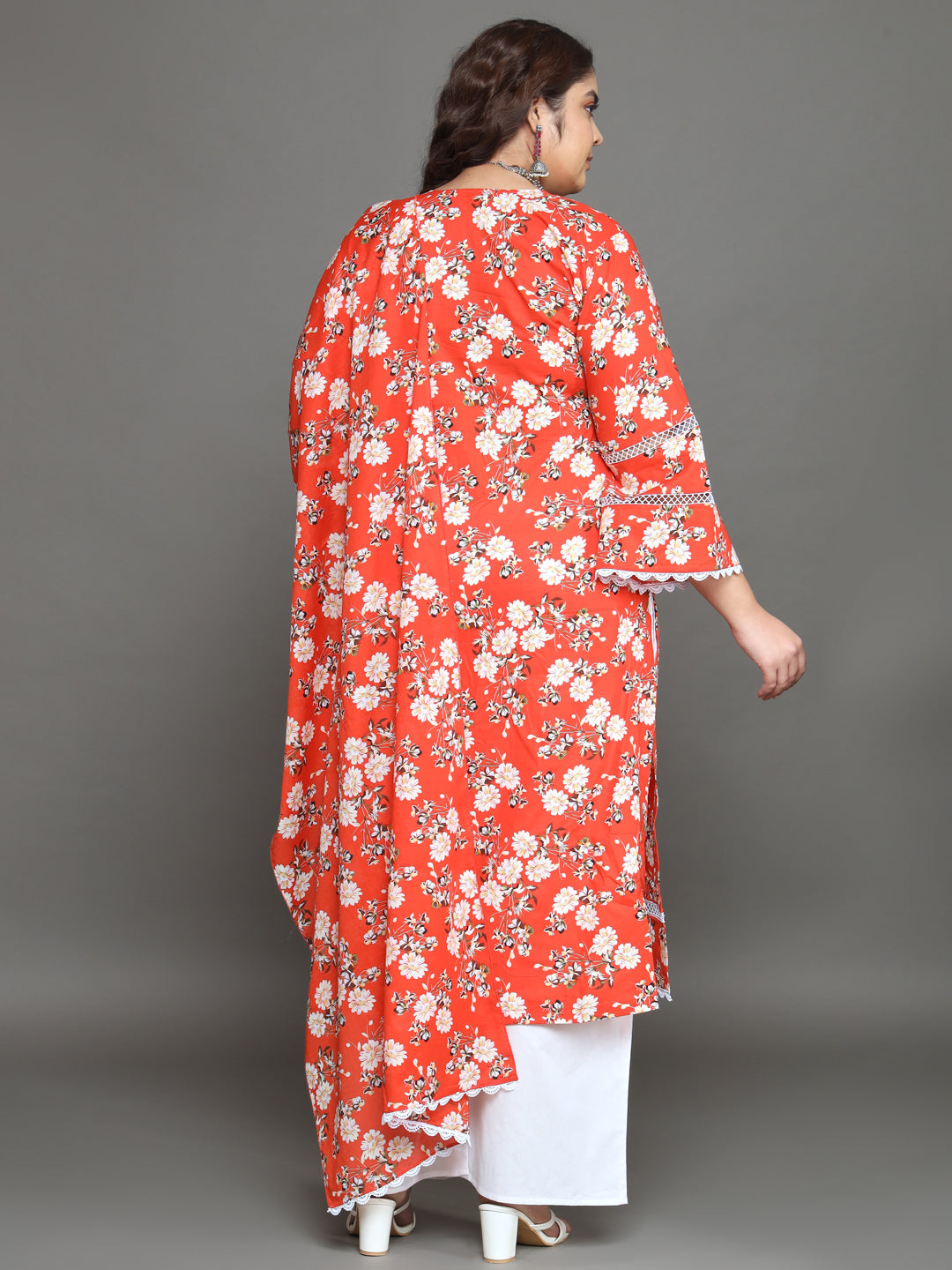 Women Plus Size Orange Floral Printed Pure Cotton Kurta & Palazzo with Dupatta