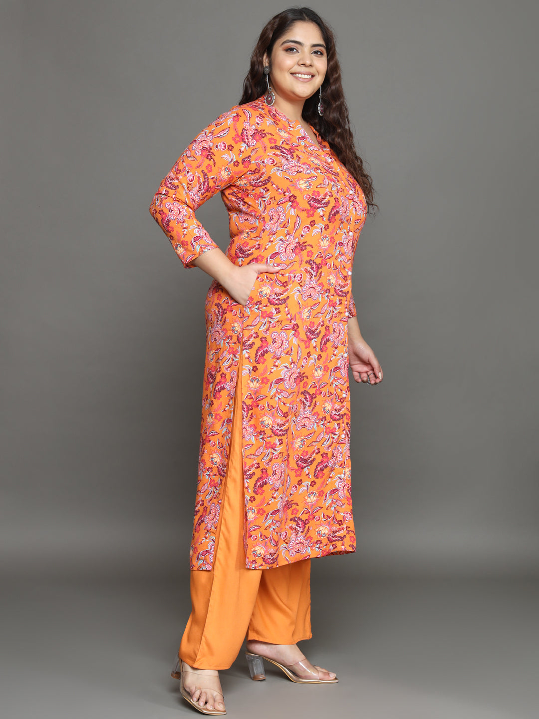 Women Plus Size Orange Floral Printed Pure Cotton Kurta & Palazzo