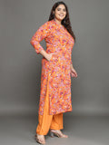 Women Plus Size Orange Floral Printed Pure Cotton Kurta & Palazzo