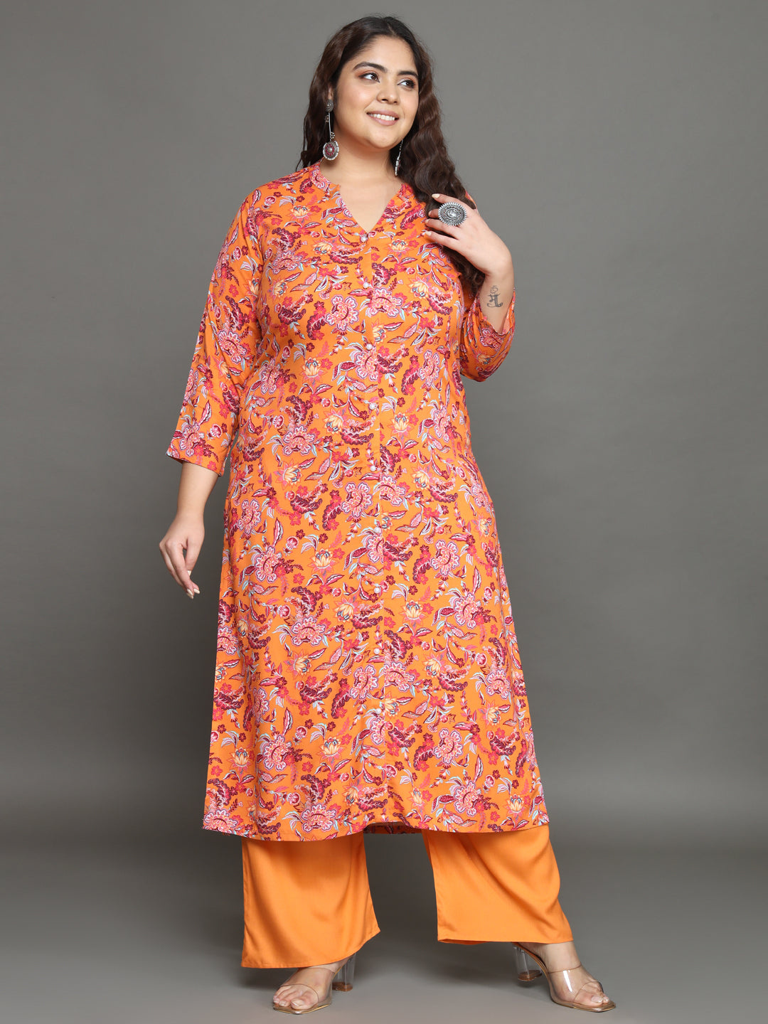 Women Plus Size Orange Floral Printed Pure Cotton Kurta & Palazzo