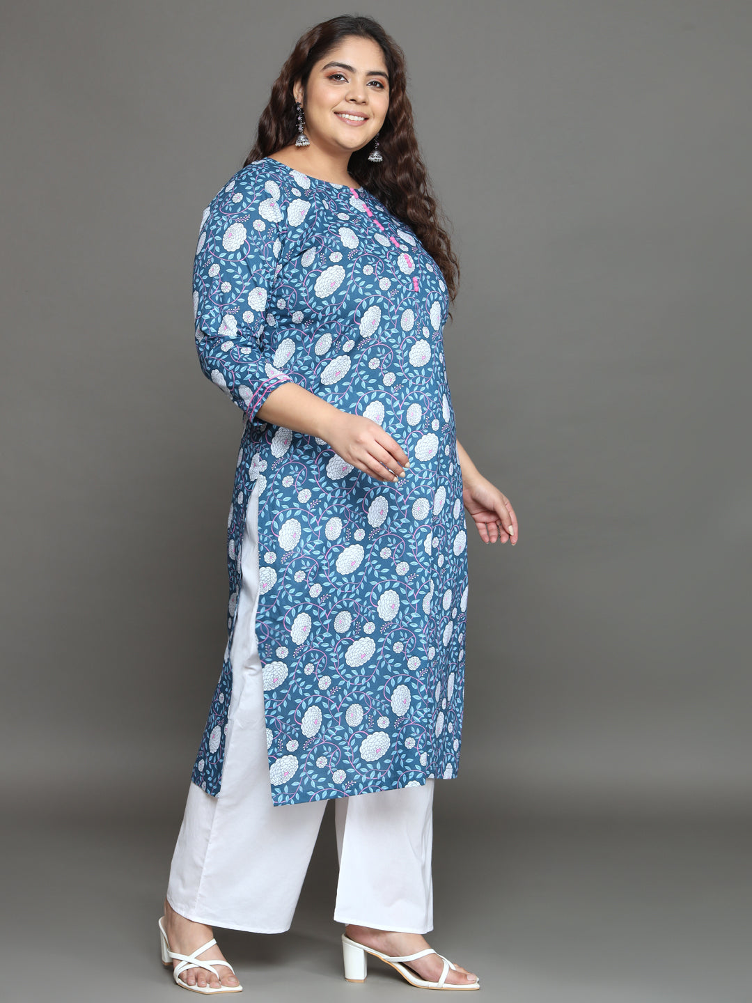 Women Plus Size Blue Floral Printed Pure Cotton Kurta Palazzo with Dupatta