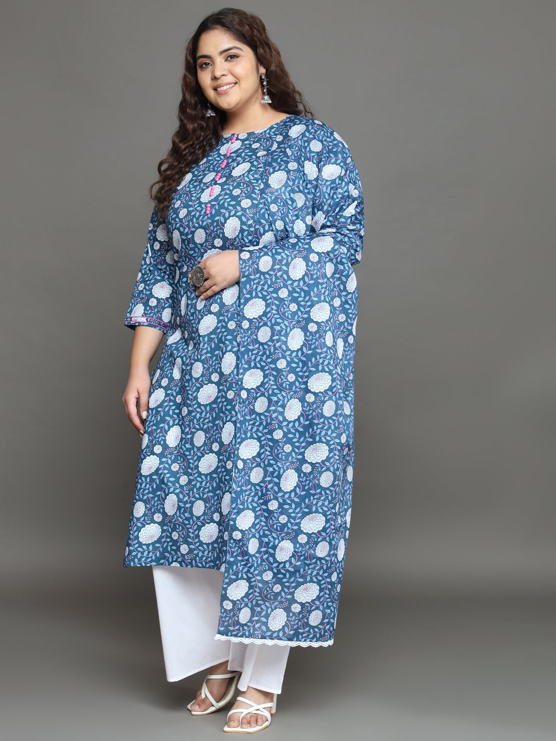 Women Plus Size Blue Floral Printed Pure Cotton Kurta Palazzo with Dupatta