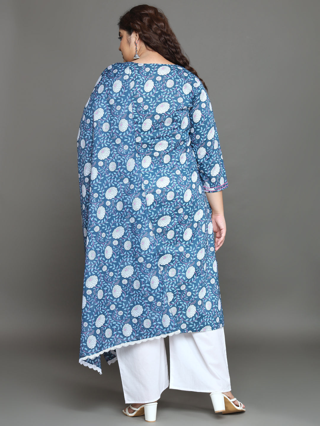 Women Plus Size Blue Floral Printed Pure Cotton Kurta Palazzo with Dupatta