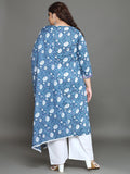 Women Plus Size Blue Floral Printed Pure Cotton Kurta Palazzo with Dupatta