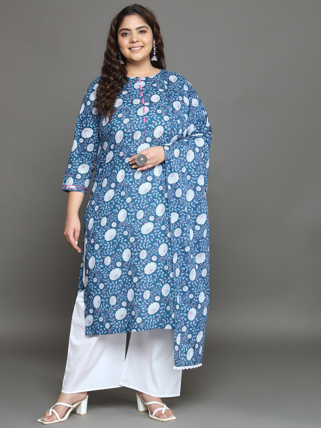 Women Plus Size Blue Floral Printed Pure Cotton Kurta Palazzo with Dupatta