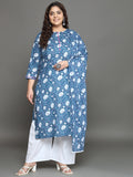 Women Plus Size Blue Floral Printed Pure Cotton Kurta Palazzo with Dupatta