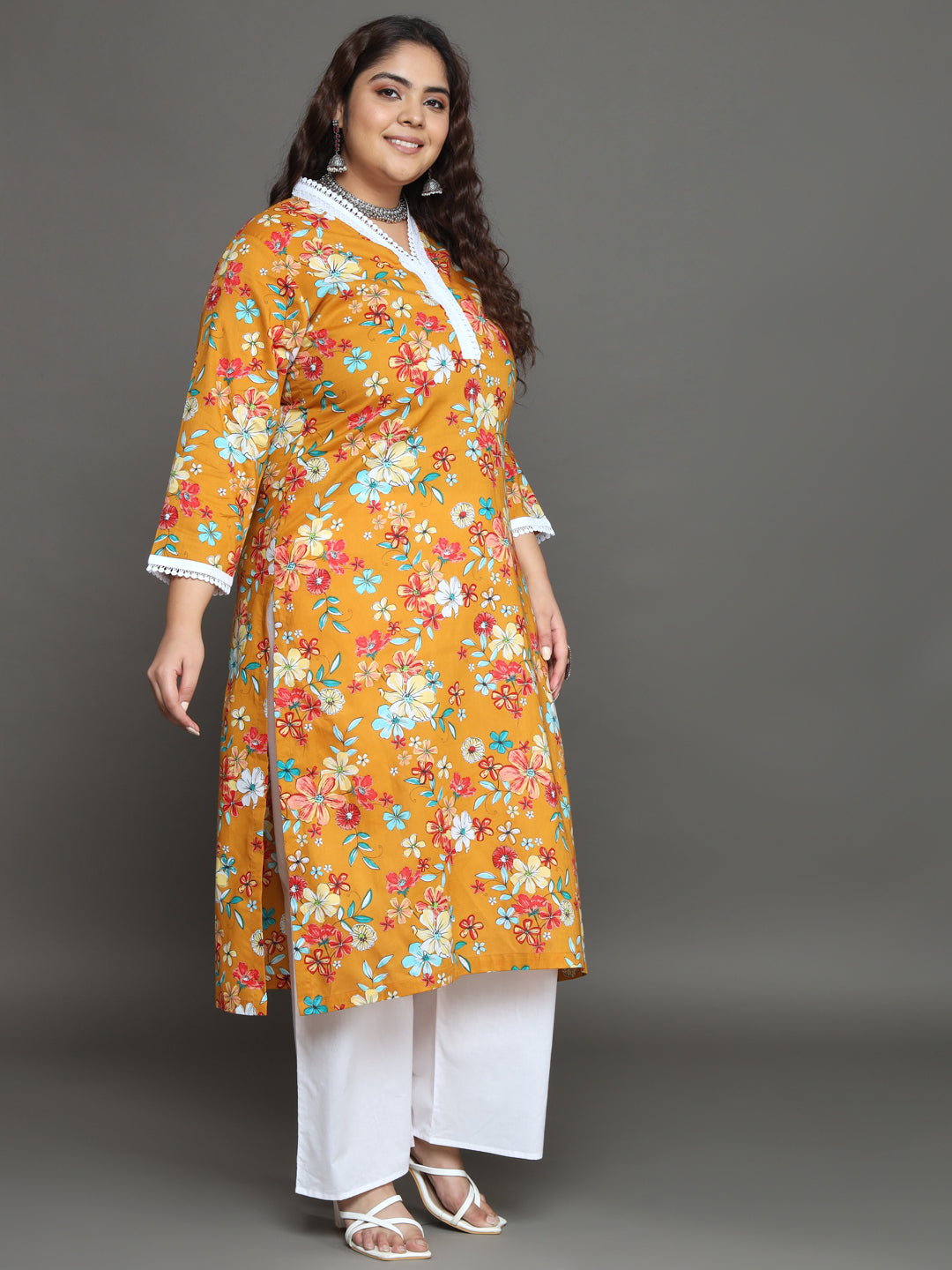 Women Plus Size Yellow Floral Printed Pure Cotton Kurta Palazzo with Dupatta