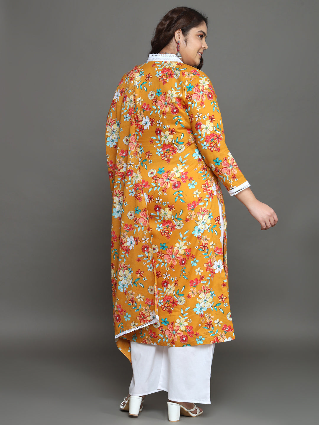 Women Plus Size Yellow Floral Printed Pure Cotton Kurta Palazzo with Dupatta