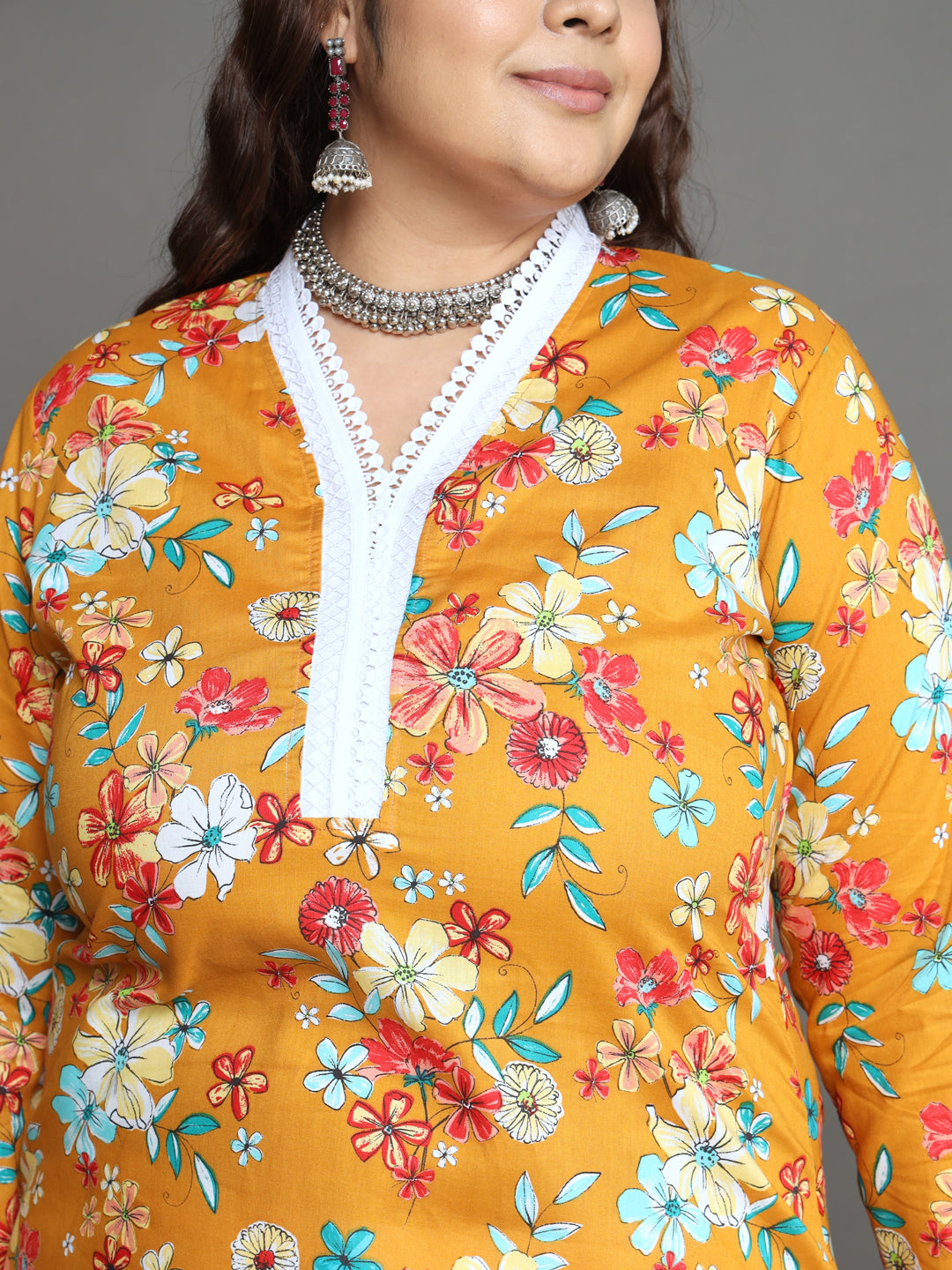 Women Plus Size Yellow Floral Printed Pure Cotton Kurta Palazzo with Dupatta