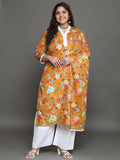 Women Plus Size Yellow Floral Printed Pure Cotton Kurta Palazzo with Dupatta