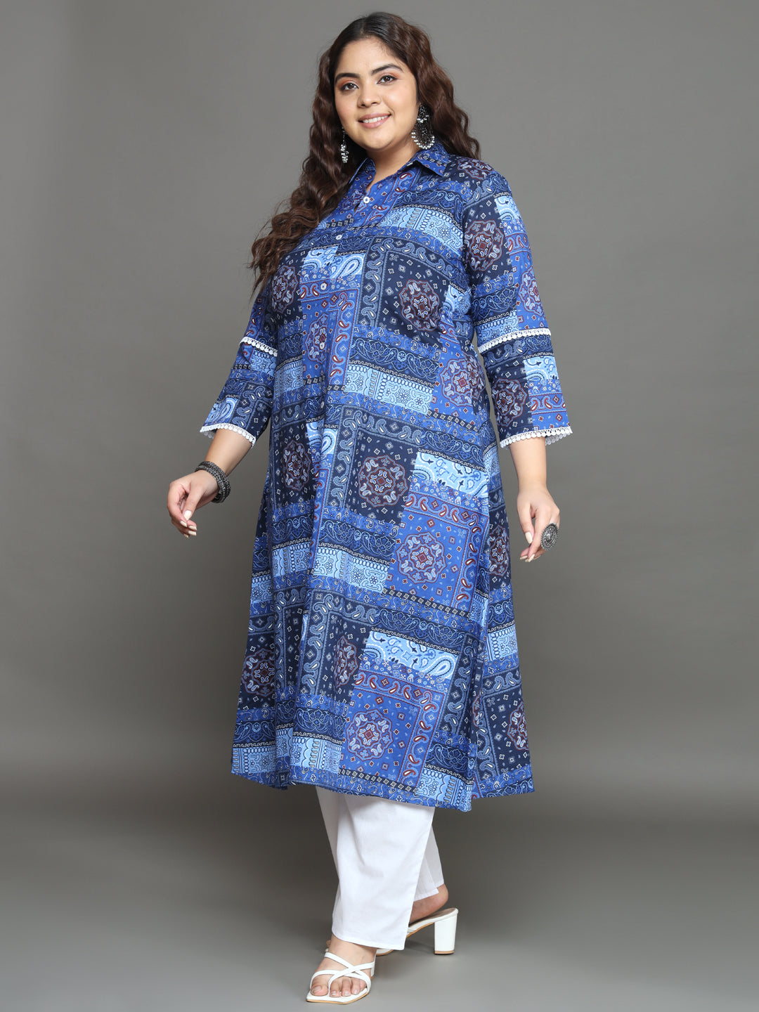 Women Plus Size Blue Printed Pure Cotton Kurta & Palazzo