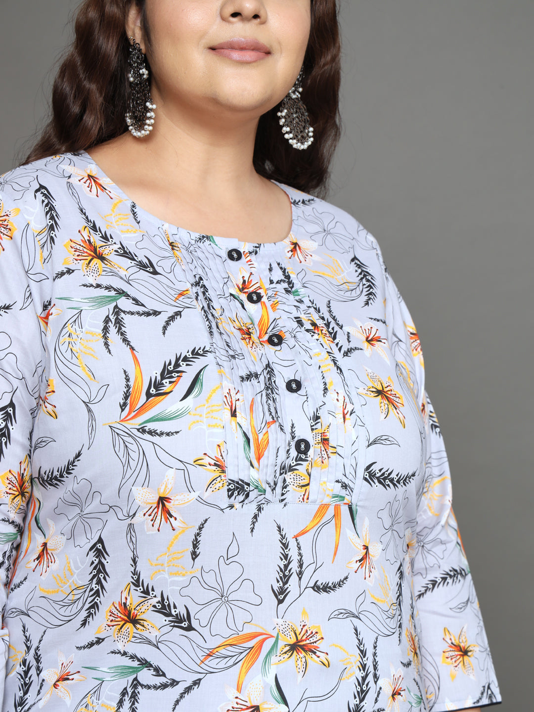 Women Plus Size Grey Printed Pure Cotton Kurta & Palazzo with Dupatta