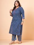 Women Plus Size Indigo Dot Printed Pure Cotton Kurta with Palazzo