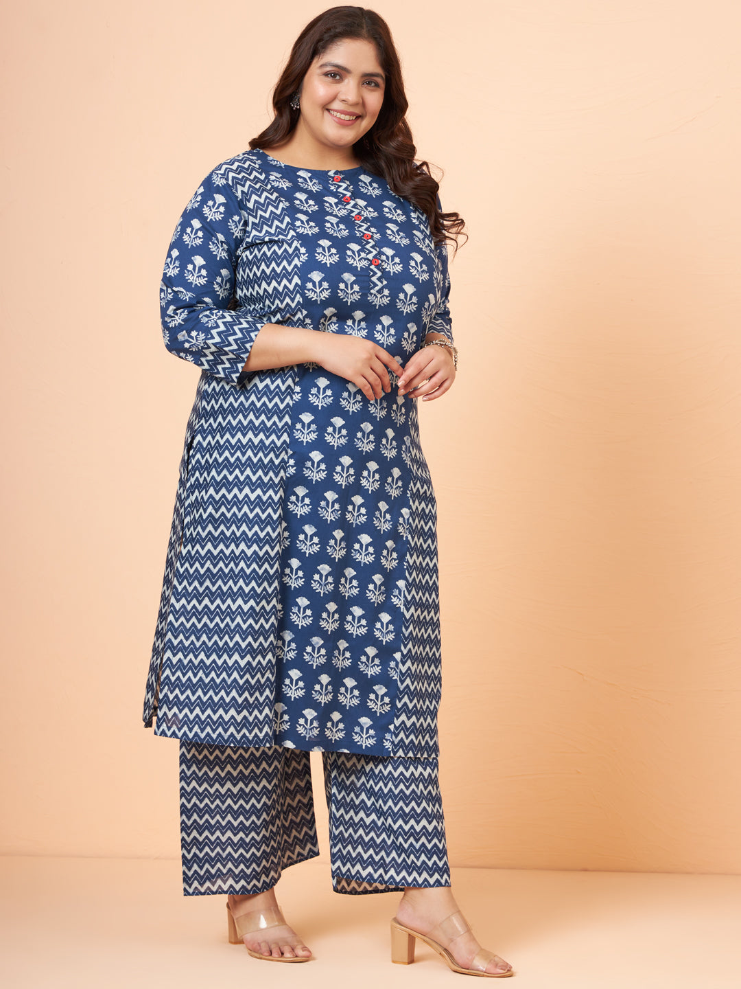 Women Plus Size Indigo Printed Pure Cotton Kurta with Palazzo