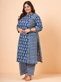 Women Plus Size Indigo Printed Pure Cotton Kurta with Palazzo