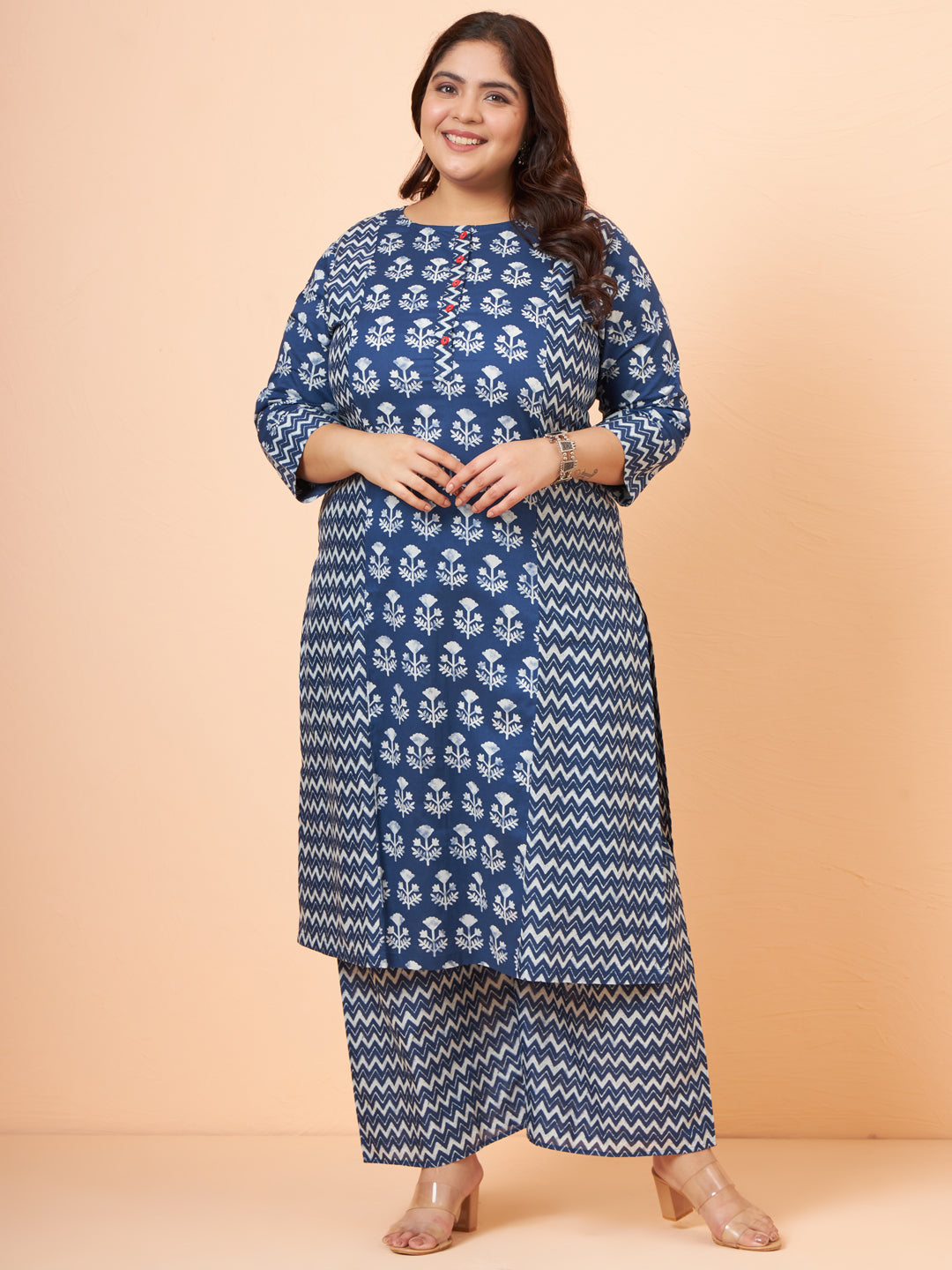 Women Plus Size Indigo Printed Pure Cotton Kurta with Palazzo