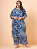 Women Plus Size Indigo Printed Pure Cotton Kurta with Palazzo