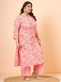 Women Plus Size Peach Floral Printed Kurta & Palazzo