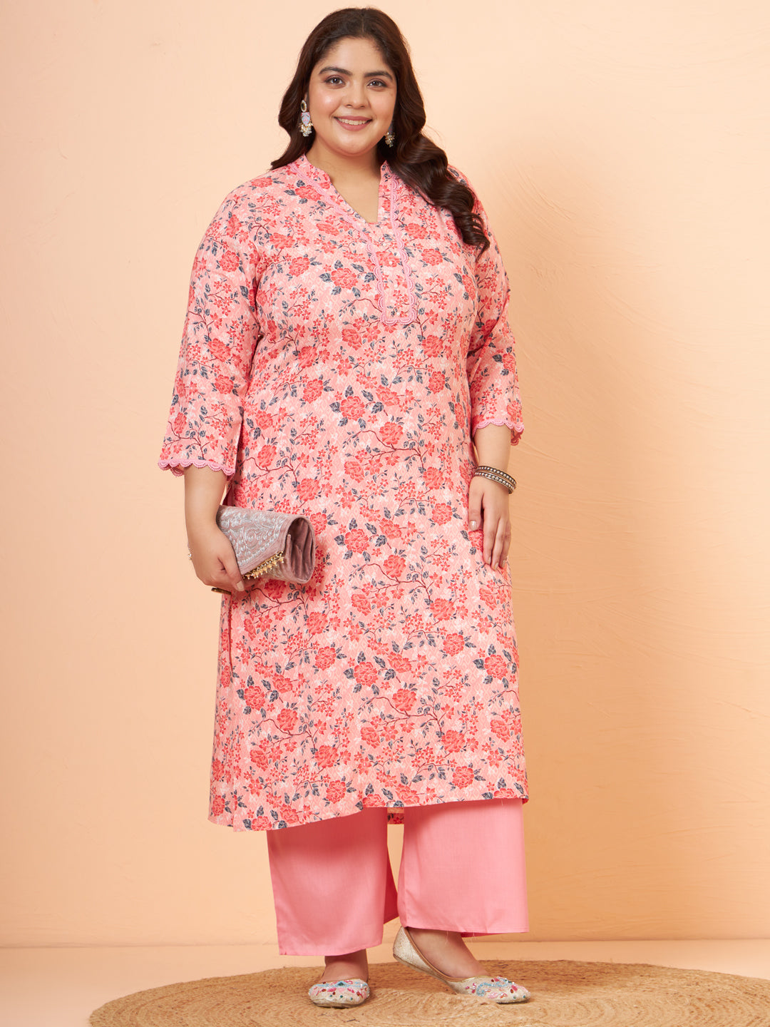 Women Plus Size Peach Floral Printed Kurta & Palazzo