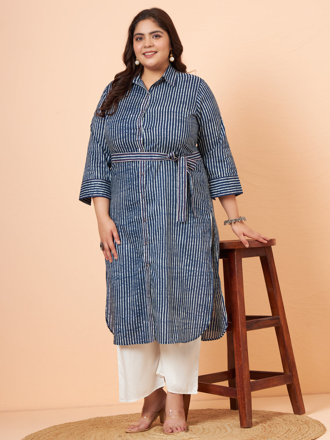 Women Indigo Striped Pure Cotton Shirt Style Kurta with Palazzo
