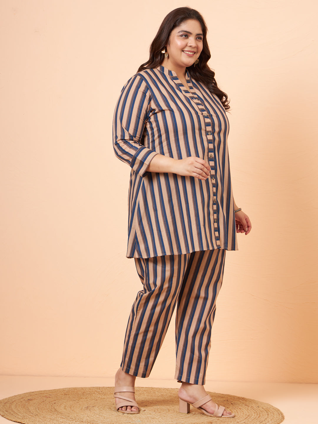Women Plus Size Pure Cotton Blue Printed Shirt with Pyjama Co-Ord Set