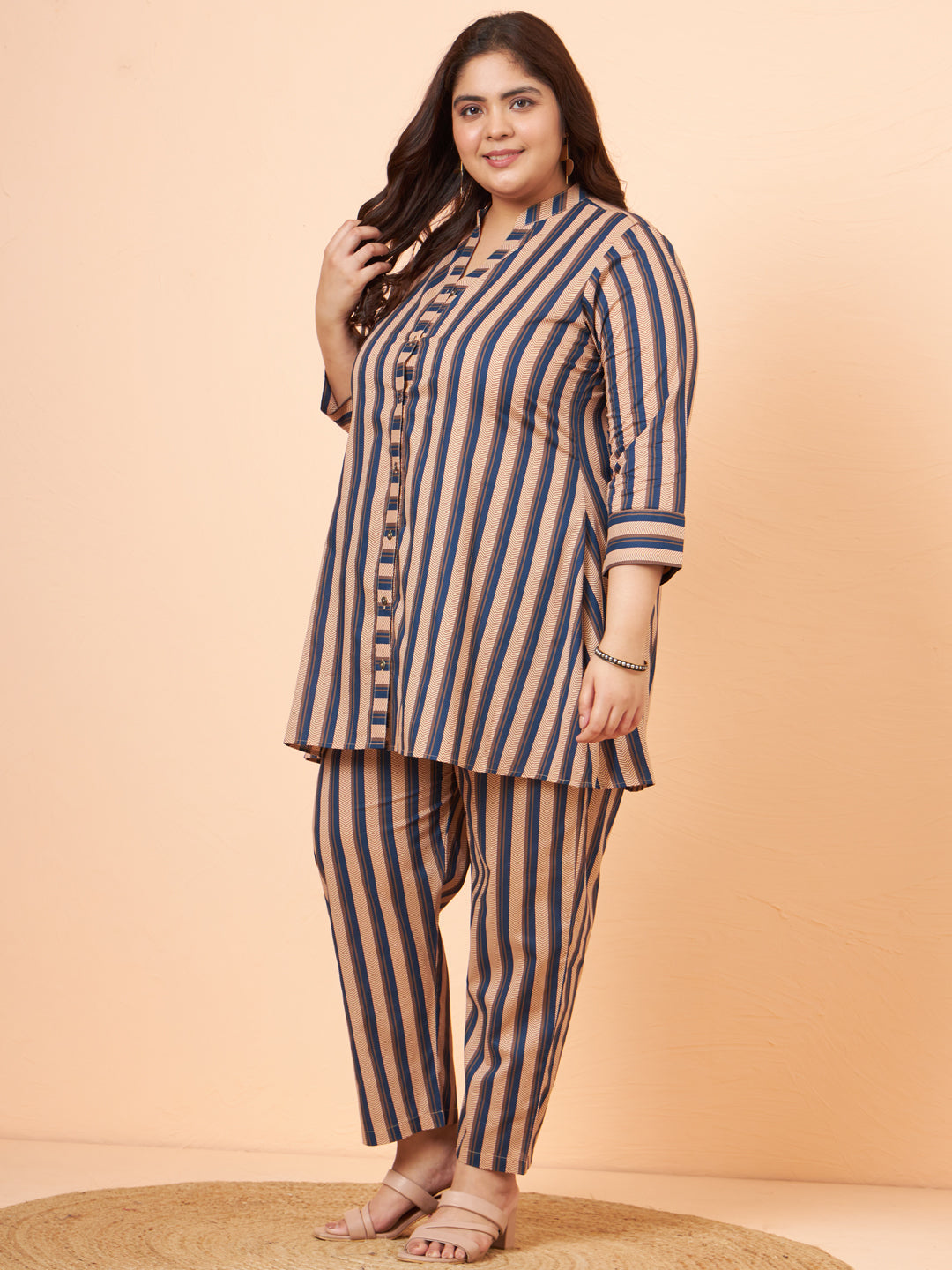 Women Plus Size Pure Cotton Blue Printed Shirt with Pyjama Co-Ord Set