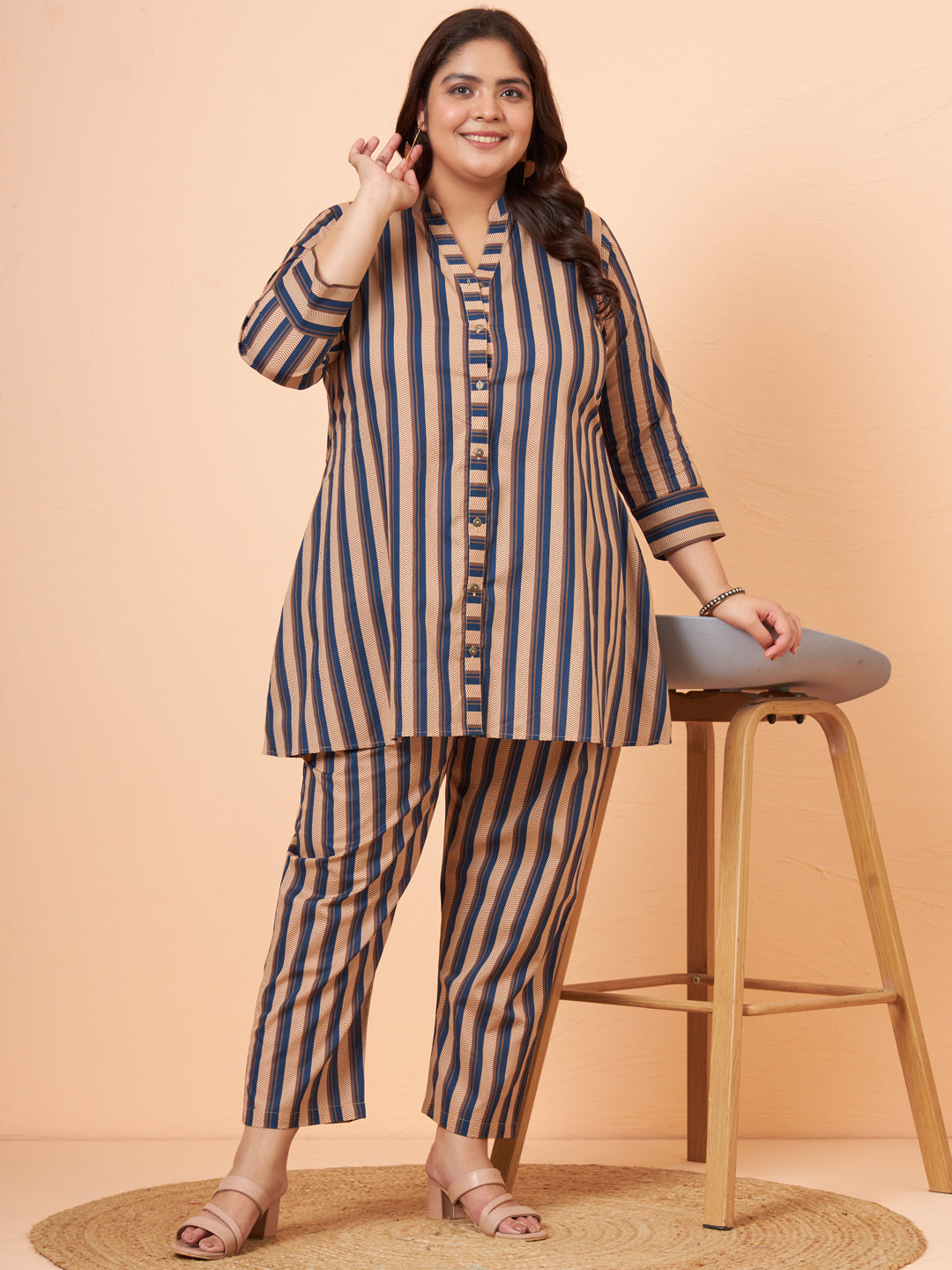 Women Plus Size Pure Cotton Blue Printed Shirt with Pyjama Co-Ord Set