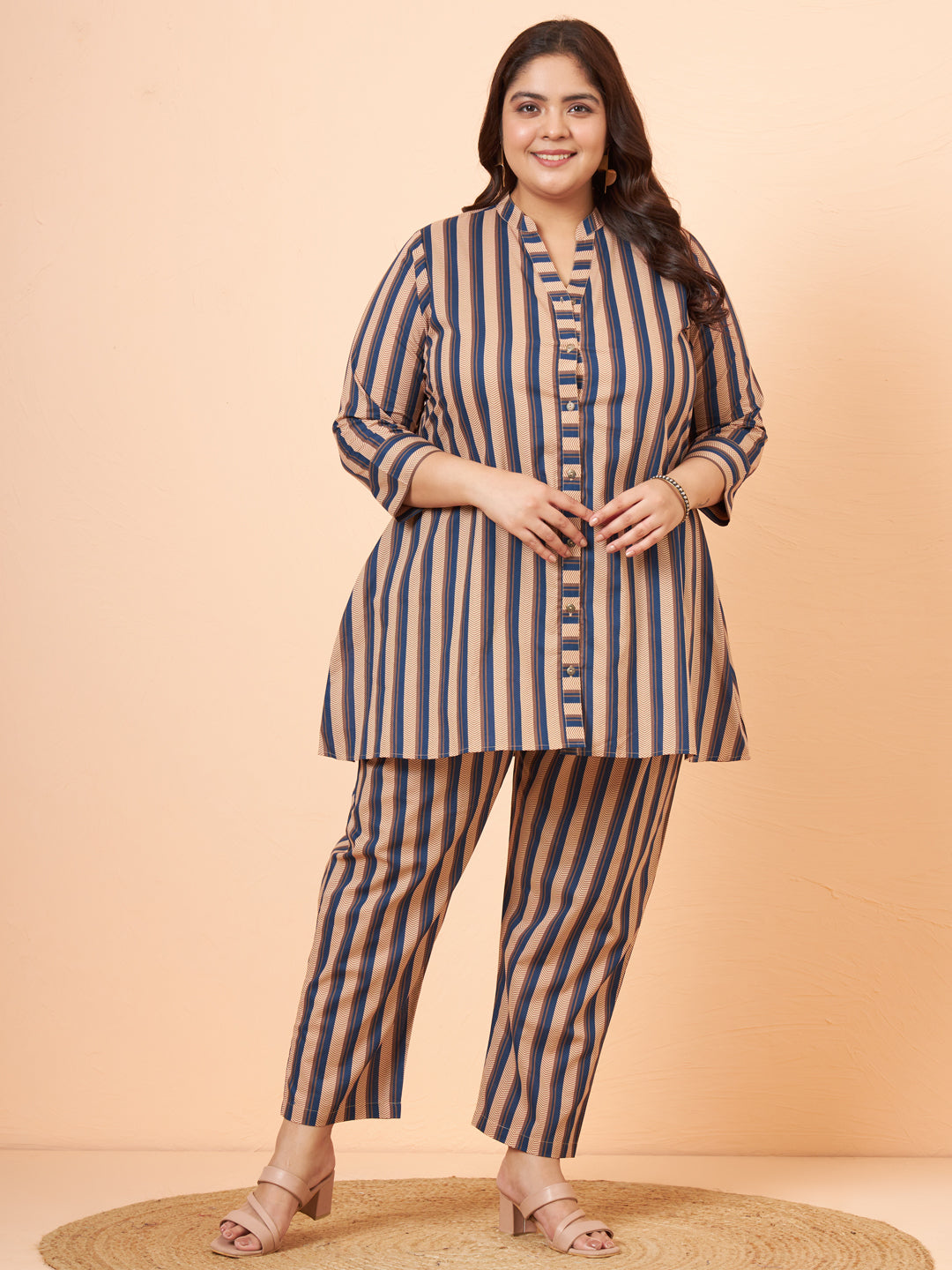 Women Plus Size Pure Cotton Blue Printed Shirt with Pyjama Co-Ord Set