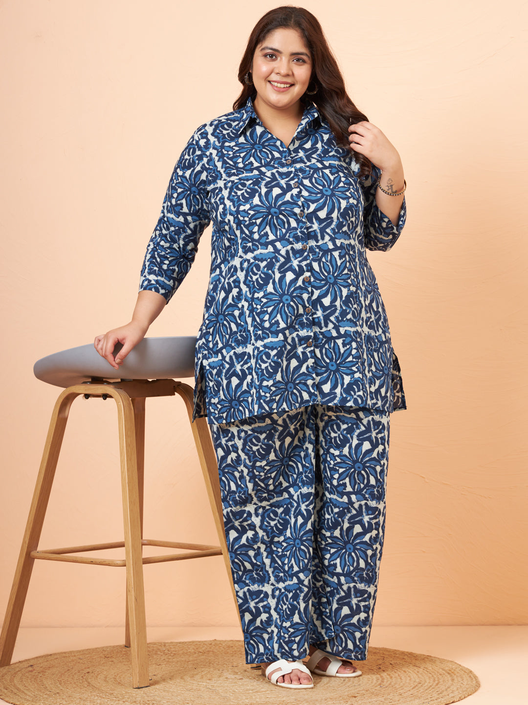 Women Plus Size Pure Cotton Blue Printed Shirt with Palazzo Co-Ord Set