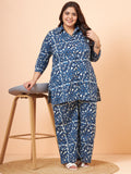 Women Plus Size Pure Cotton Blue Printed Shirt with Palazzo Co-Ord Set