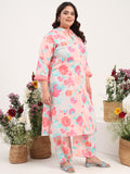 Women Plus Size Cotton Satin Peach Floral Printed Kurta with Palazzo