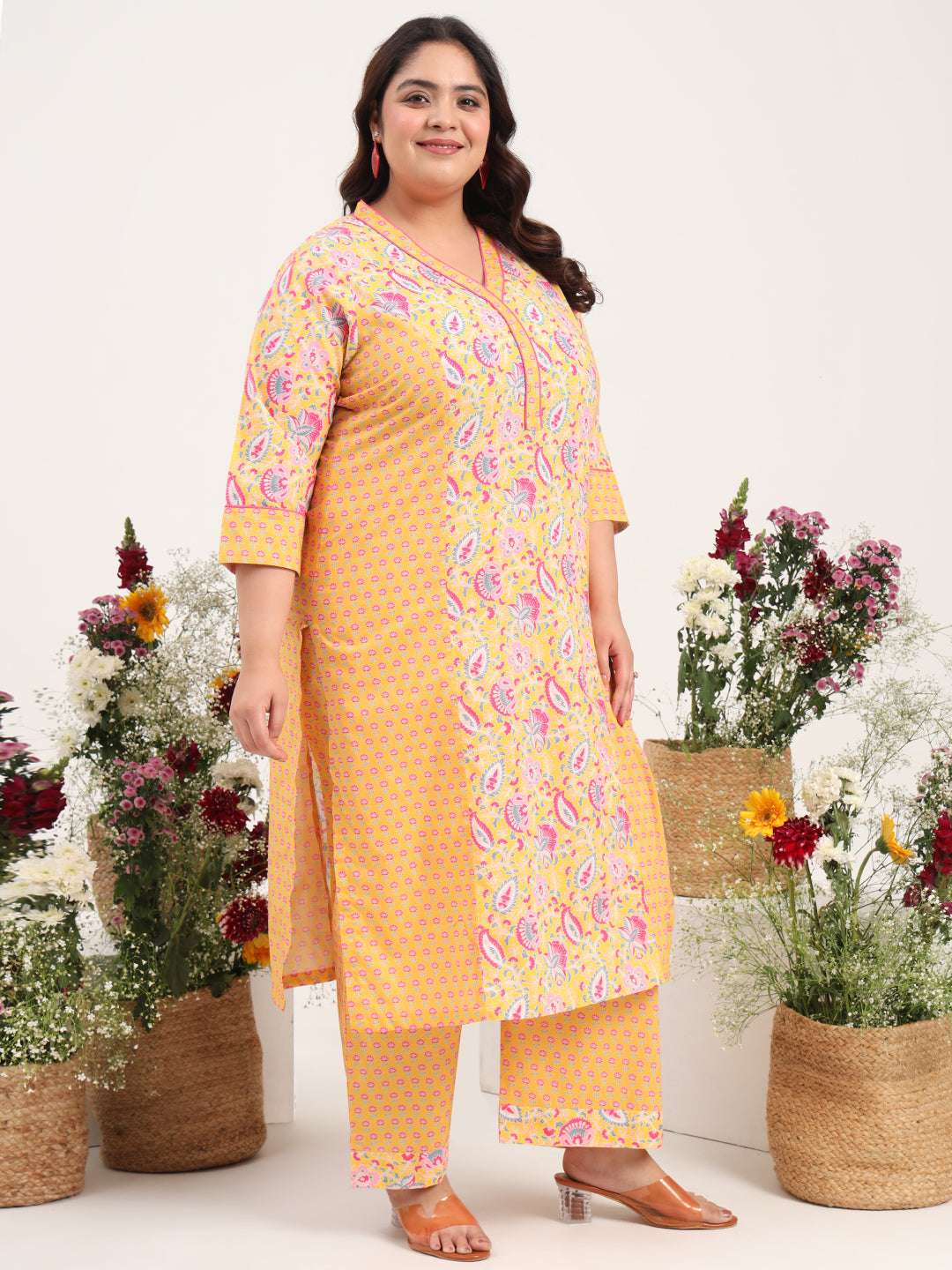 Women Plus Size Pure Cotton Yellow Floral Printed Kurta with Palazzo