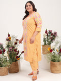 Women Plus Size Pure Cotton Yellow Floral Printed Kurta with Palazzo