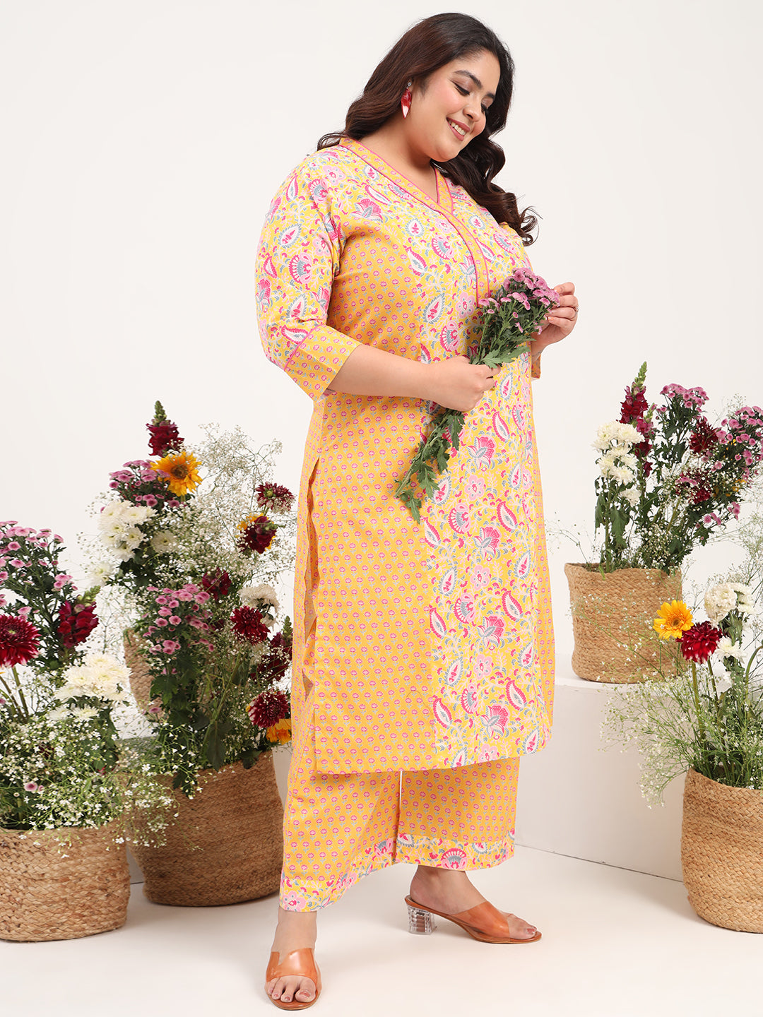 Women Plus Size Pure Cotton Yellow Floral Printed Kurta with Palazzo