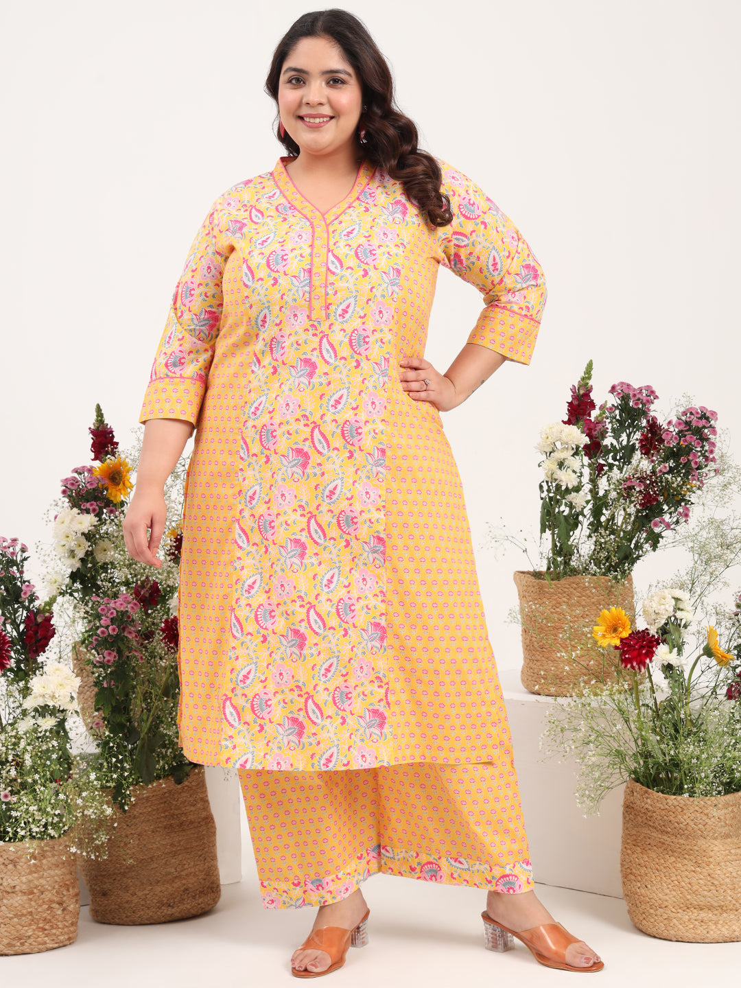 Women Plus Size Pure Cotton Yellow Floral Printed Kurta with Palazzo