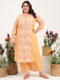 Women Plus Size Pure Cotton Yellow Floral Printed Kurta with Palazzo