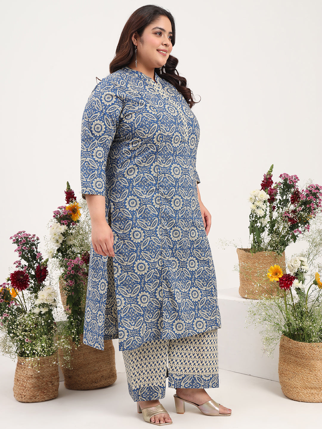 Women Plus Size Blue Printed Pure Cotton Kurta Palazzo with Dupatta