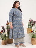 Women Plus Size Blue Printed Pure Cotton Kurta Palazzo with Dupatta
