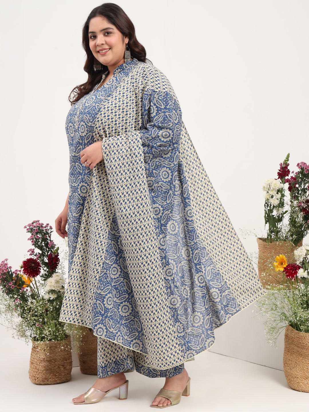 Women Plus Size Blue Printed Pure Cotton Kurta Palazzo with Dupatta