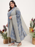 Women Plus Size Blue Printed Pure Cotton Kurta Palazzo with Dupatta