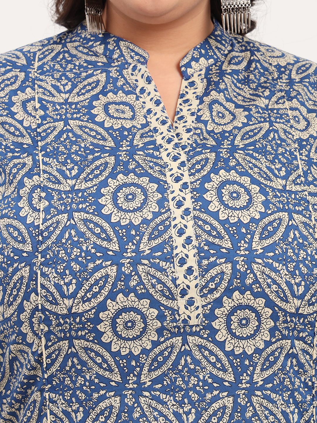 Women Plus Size Blue Printed Pure Cotton Kurta Palazzo with Dupatta