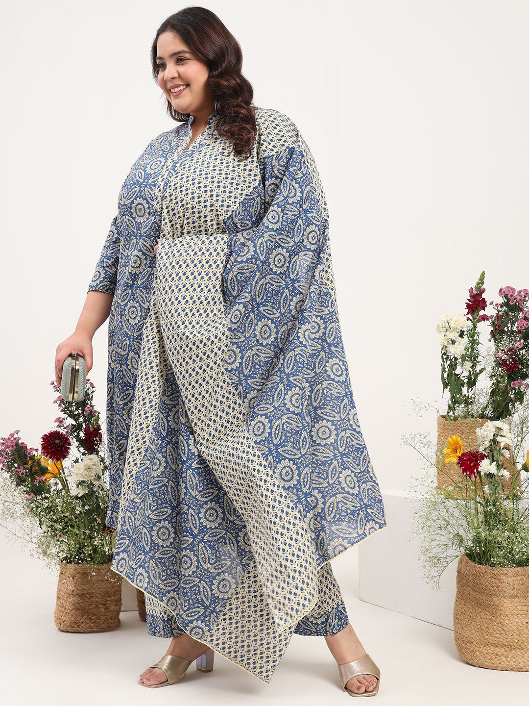 Women Plus Size Blue Printed Pure Cotton Kurta Palazzo with Dupatta