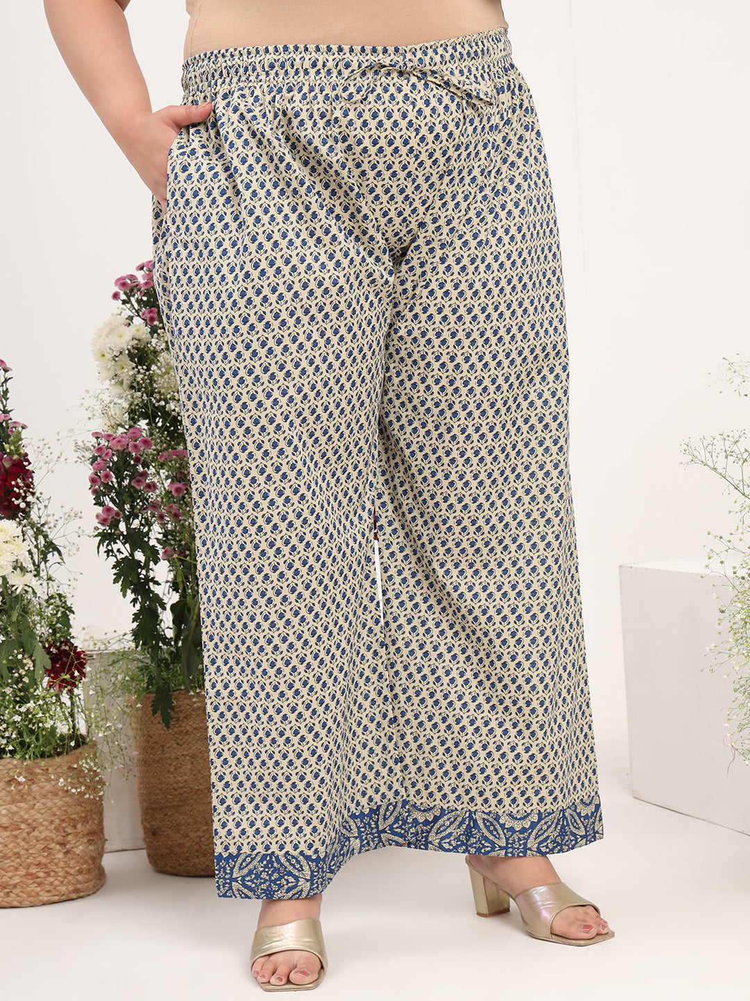 Women Plus Size Blue Printed Pure Cotton Kurta Palazzo with Dupatta