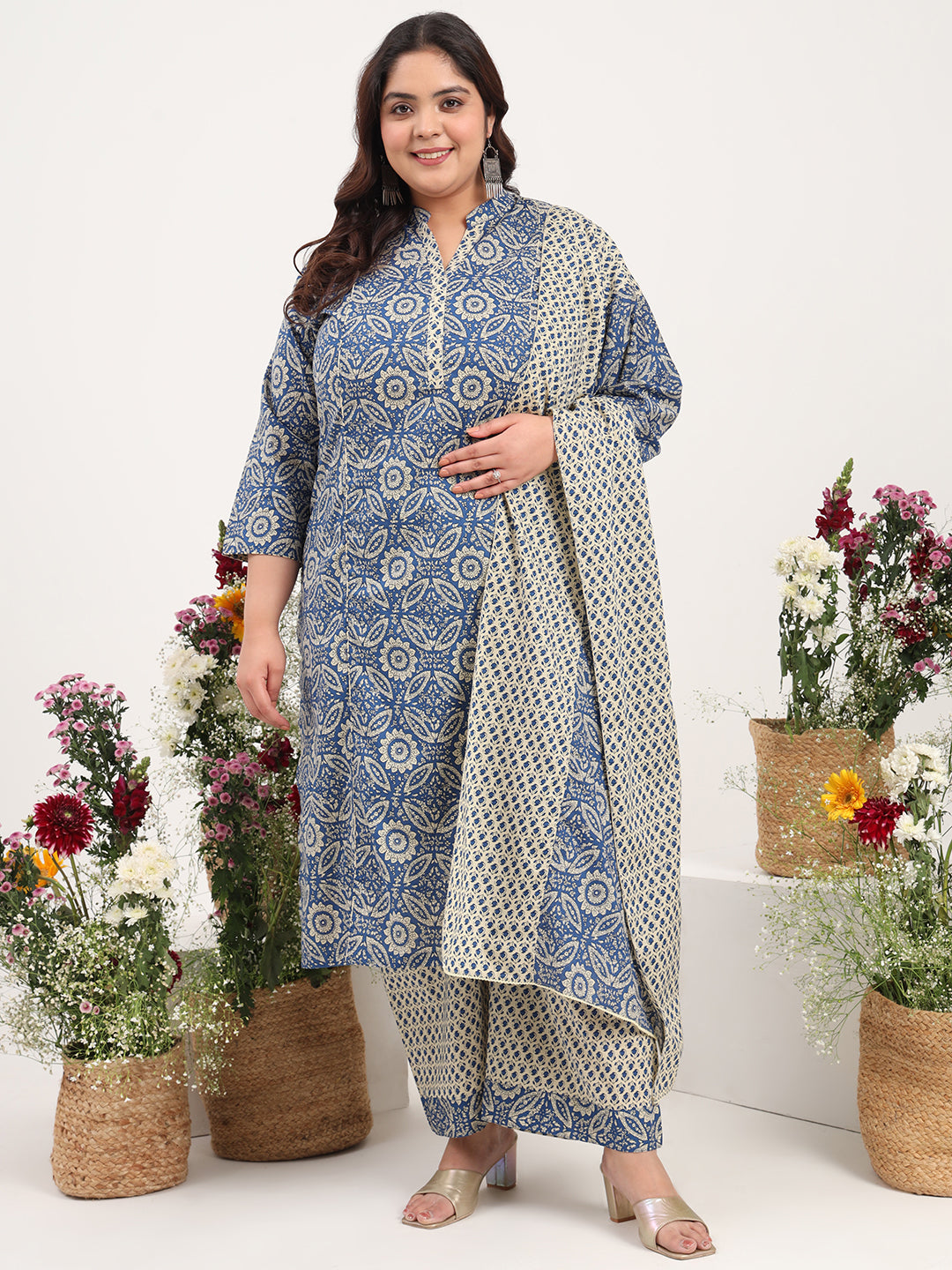 Women Plus Size Blue Printed Pure Cotton Kurta Palazzo with Dupatta