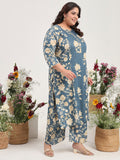 Women Plus Size Grey Floral Printed Pure Cotton Kurta with Palazzo